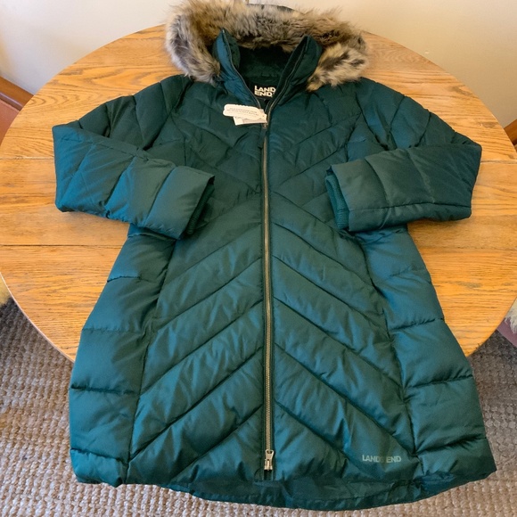 LANDS' END fleece lined dk green coat/NWT in bag/MT/removable hood